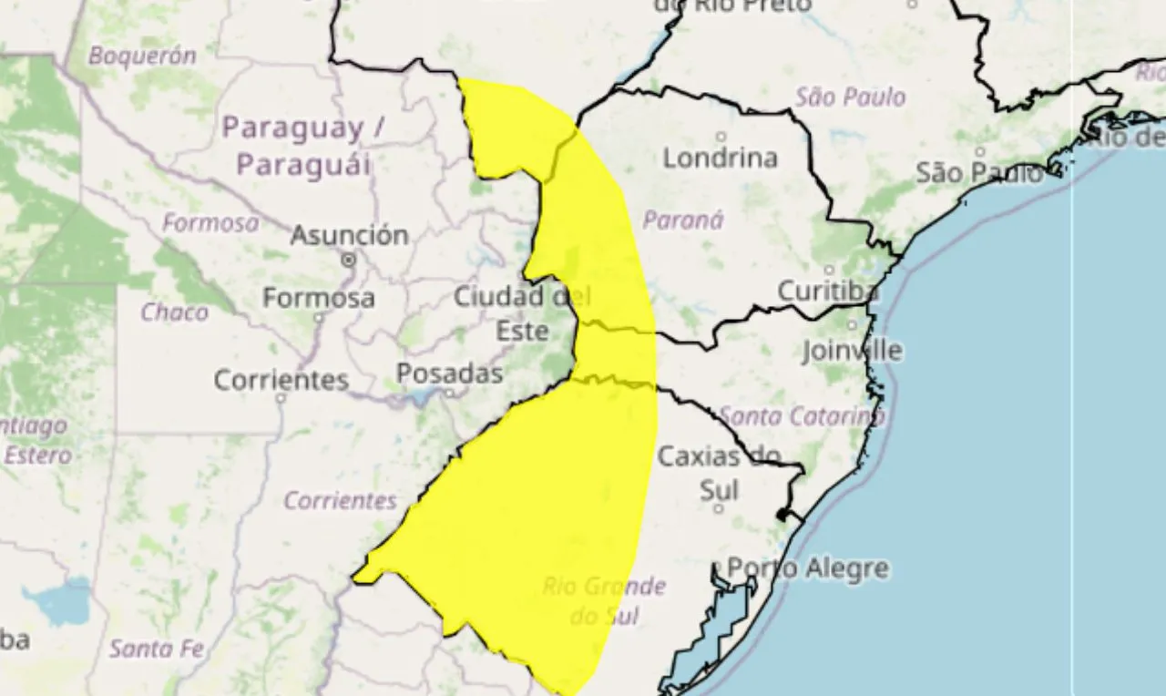 o mapa mostra as &aacute;reas em alerta para chuva intensa e ventos